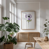 Purple Anemone I by Shirley Novak. shown as a print in a natural wood frame in a dining room. Available as a archival giclee rolled canvas, fine art paper, or poster print. SKU 88452h.