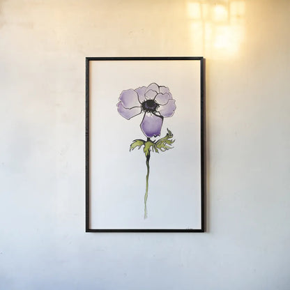 Purple Anemone I by Shirley Novak. shown as a paper print in a black flame. Available as a archival giclee rolled canvas, fine art paper, or poster print. SKU 88452h.