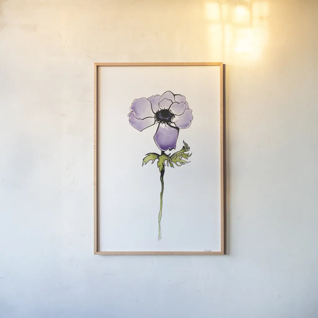 Purple Anemone I by Shirley Novak. shown as a paper print in a natural frame. Available as a archival giclee rolled canvas, fine art paper, or poster print. SKU 88452h.