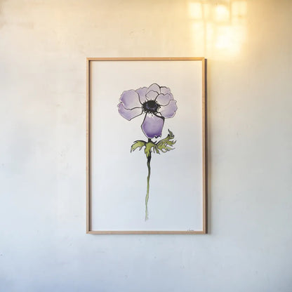 Purple Anemone I by Shirley Novak. shown as a paper print in a natural frame. Available as a archival giclee rolled canvas, fine art paper, or poster print. SKU 88452h.