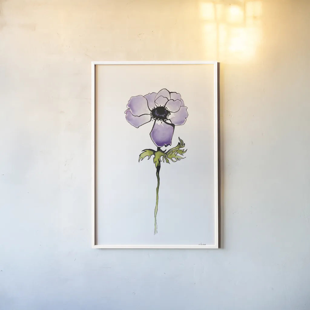 Purple Anemone I by Shirley Novak. shown as a paper print in a white frame. Available as a archival giclee rolled canvas, fine art paper, or poster print. SKU 88452h.