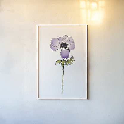 Purple Anemone I by Shirley Novak. shown as a paper print in a white frame. Available as a archival giclee rolled canvas, fine art paper, or poster print. SKU 88452h.