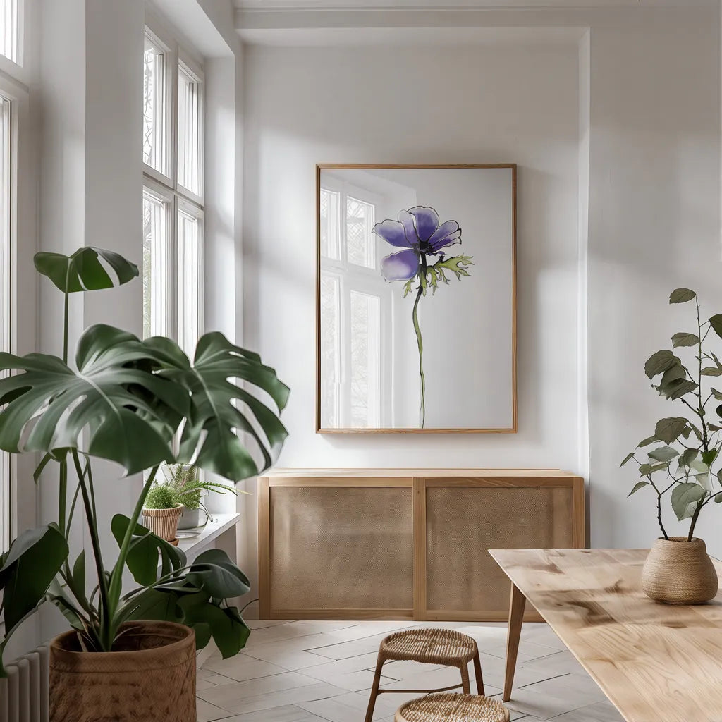 Purple Anemone II by Shirley Novak. shown as a print in a natural wood frame in a dining room. Available as a archival giclee rolled canvas, fine art paper, or poster print. SKU 88453h.