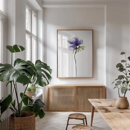 Purple Anemone II by Shirley Novak. shown as a print in a natural wood frame in a dining room. Available as a archival giclee rolled canvas, fine art paper, or poster print. SKU 88453h.