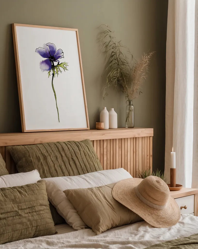 Purple Anemone II by Shirley Novak. shown as a paper print in a natural frame. Available as a archival giclee rolled canvas, fine art paper, or poster print. SKU 88453h.