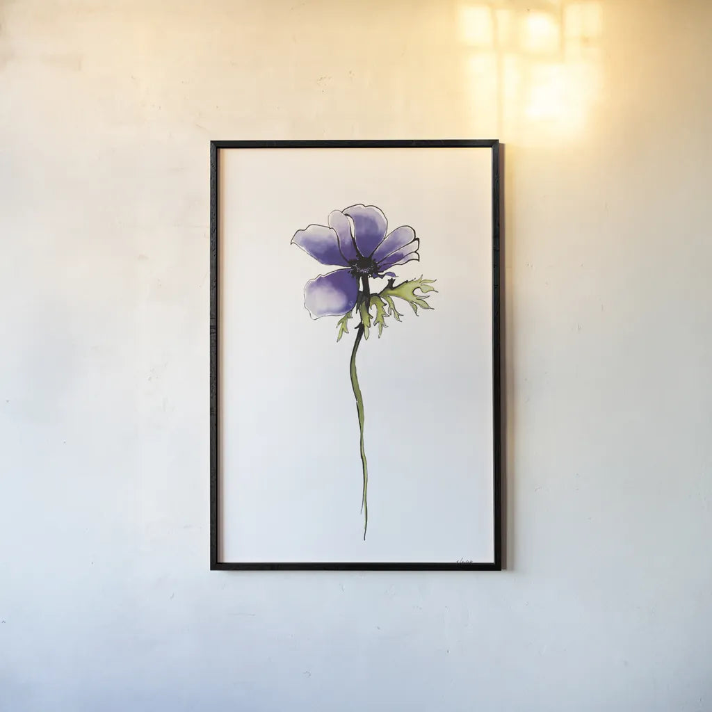 Purple Anemone II by Shirley Novak. shown as a paper print in a black flame. Available as a archival giclee rolled canvas, fine art paper, or poster print. SKU 88453h.