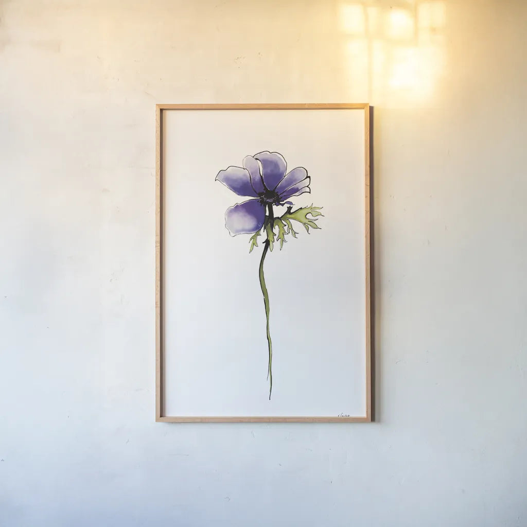 Purple Anemone II by Shirley Novak. shown as a paper print in a natural frame. Available as a archival giclee rolled canvas, fine art paper, or poster print. SKU 88453h.