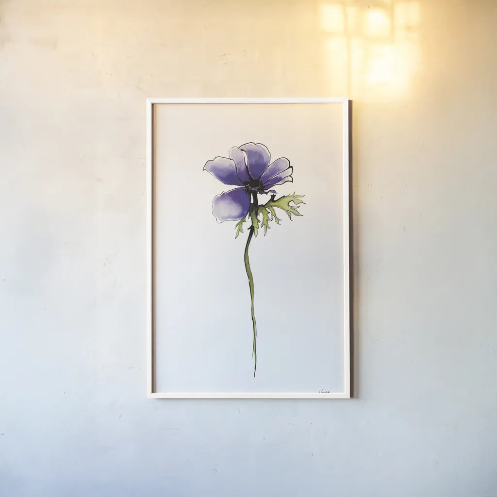 Purple Anemone II by Shirley Novak. shown as a paper print in a white frame. Available as a archival giclee rolled canvas, fine art paper, or poster print. SKU 88453h.