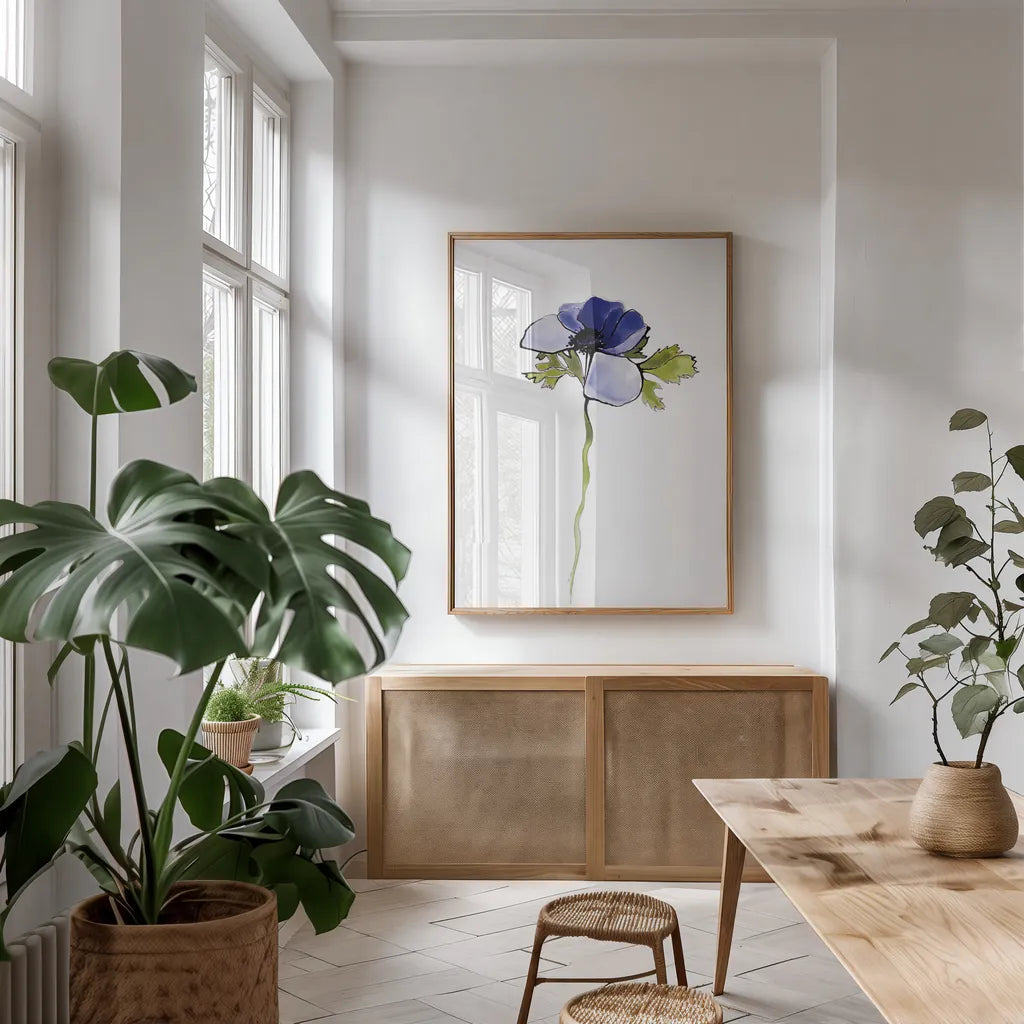 Purple Anemone III by Shirley Novak. shown as a print in a natural wood frame in a dining room. Available as a archival giclee rolled canvas, fine art paper, or poster print. SKU 88454h.