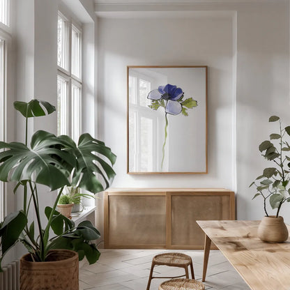 Purple Anemone III by Shirley Novak. shown as a print in a natural wood frame in a dining room. Available as a archival giclee rolled canvas, fine art paper, or poster print. SKU 88454h.