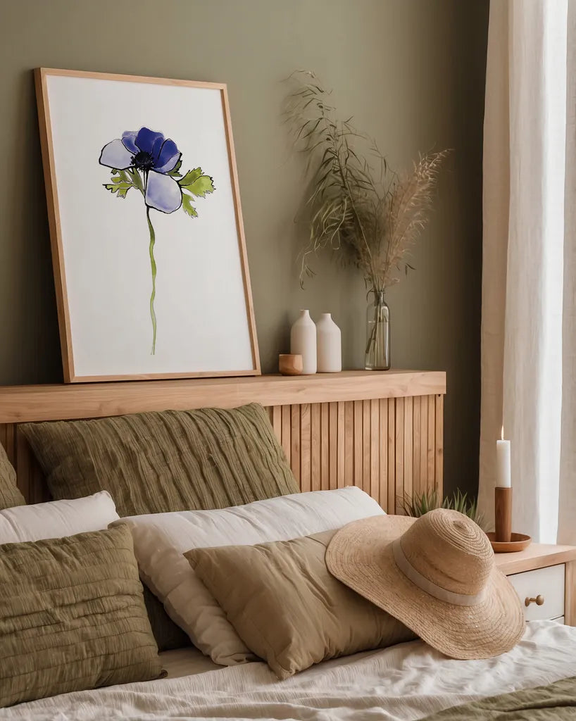 Purple Anemone III by Shirley Novak. shown as a paper print in a natural frame. Available as a archival giclee rolled canvas, fine art paper, or poster print. SKU 88454h.