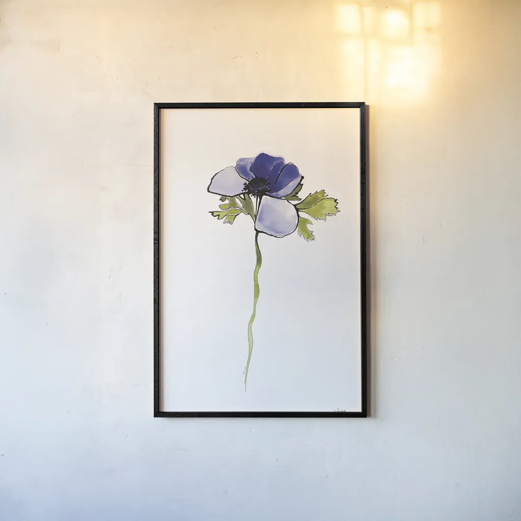 Purple Anemone III by Shirley Novak. shown as a paper print in a black flame. Available as a archival giclee rolled canvas, fine art paper, or poster print. SKU 88454h.