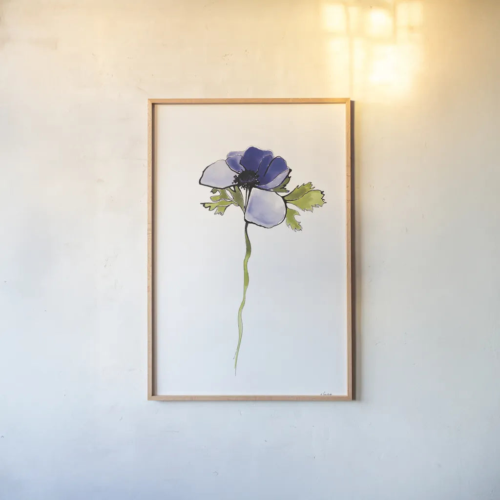 Purple Anemone III by Shirley Novak. shown as a paper print in a natural frame. Available as a archival giclee rolled canvas, fine art paper, or poster print. SKU 88454h.