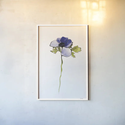 Purple Anemone III by Shirley Novak. shown as a paper print in a white frame. Available as a archival giclee rolled canvas, fine art paper, or poster print. SKU 88454h.