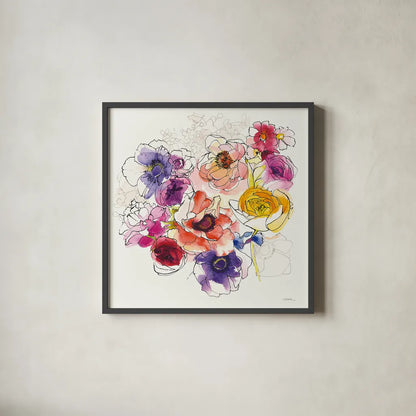 Rainbow Ruffles II by Shirley Novak. Shown in a sleek black glass frame for a contemporary gallery look. Available as an archival giclee rolled canvas, fine art paper, or poster print. SKU 28941a.