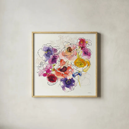 Rainbow Ruffles II by Shirley Novak. Shown in a natural wood glass frame for a timeless modern aesthetic. Available as an archival giclee rolled canvas, fine art paper, or poster print. SKU 28941a.