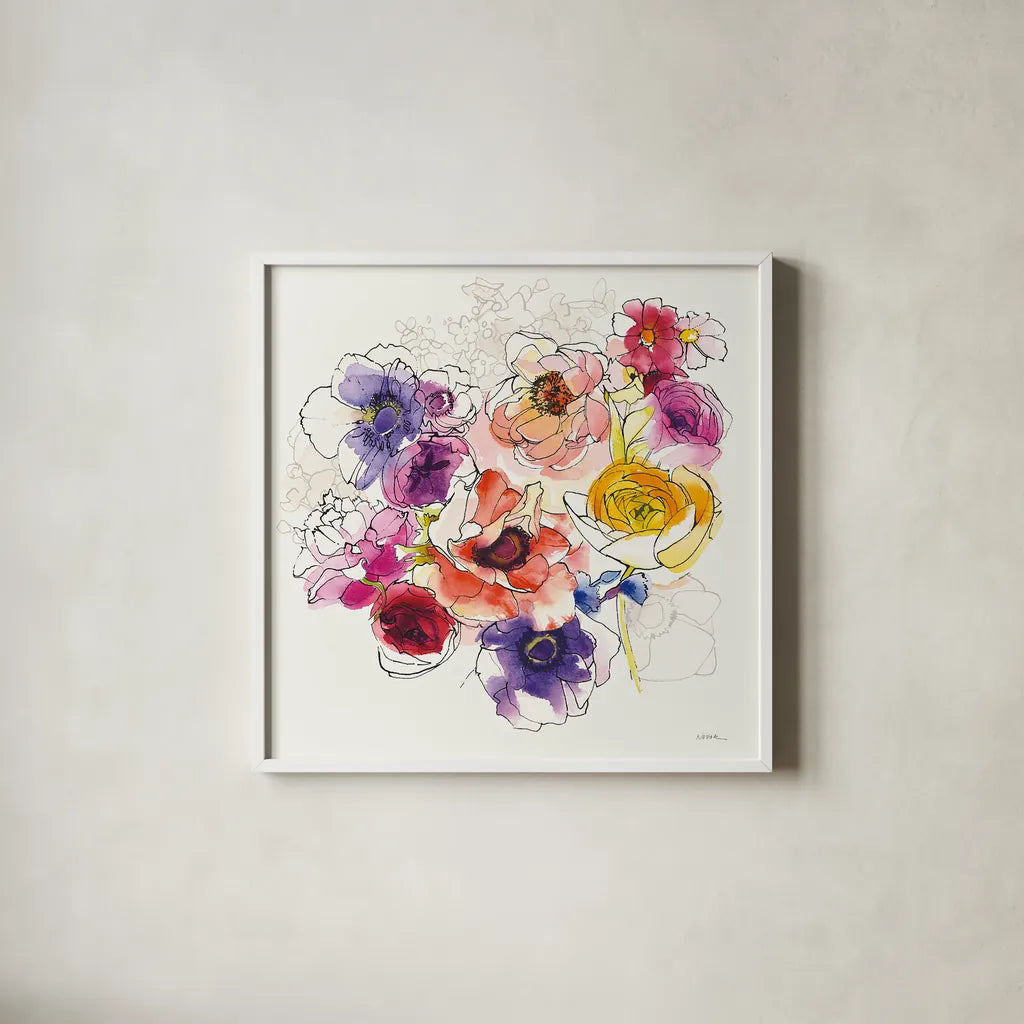 Rainbow Ruffles II by Shirley Novak. Shown in a crisp white glass frame for a clean and minimalist style. Available as an archival giclee rolled canvas, fine art paper, or poster print. SKU 28941a.