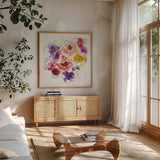 Rainbow Ruffles II by Shirley Novak. Shown in a natural wood frame in a cozy modern living room. Available as an archival giclee rolled canvas, fine art paper, or poster print. SKU 28941a.
