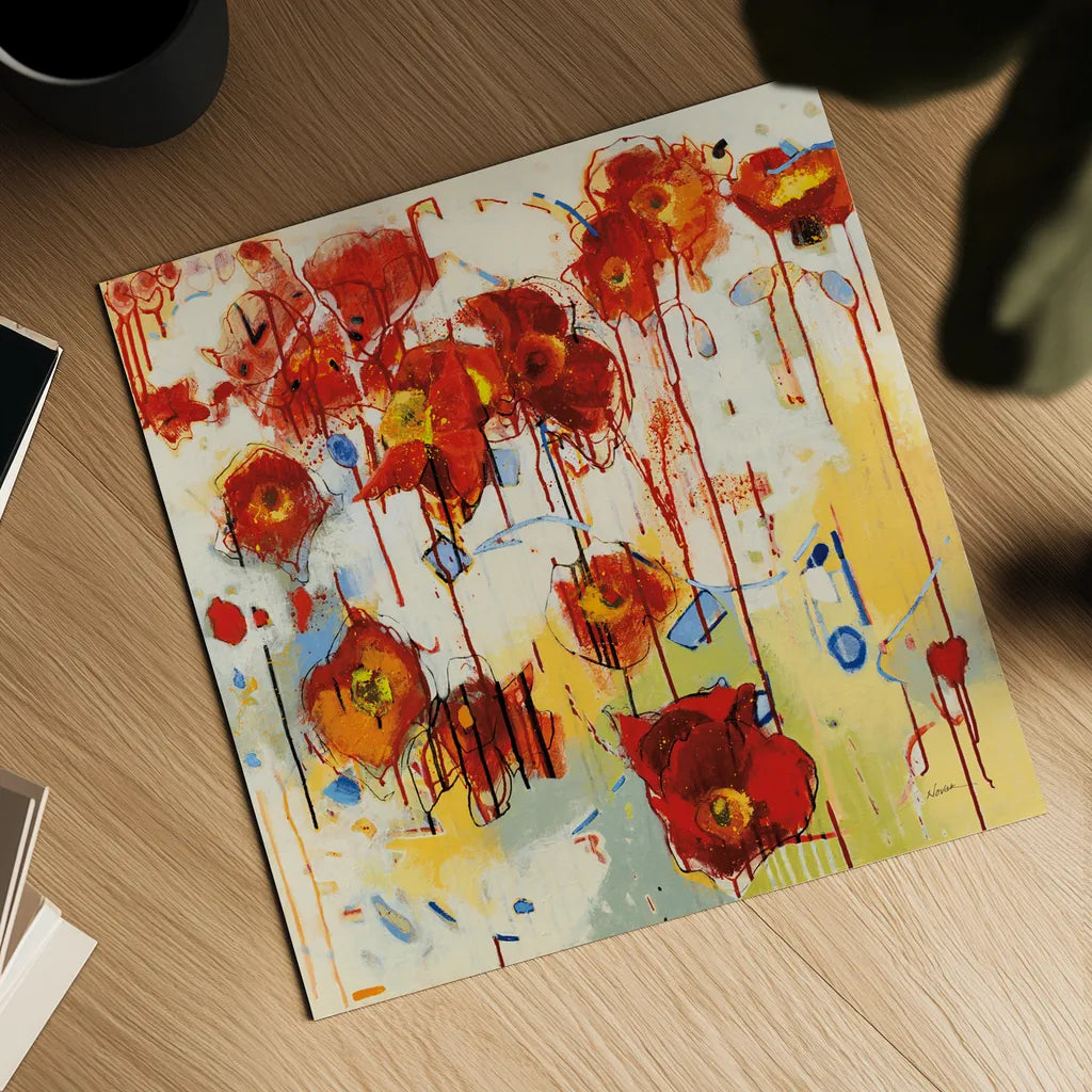 Red Poppy Chaos by Shirley Novak. Shown as a detailed flat fine art print, highlighting archival giclee quality. Available as an archival giclee rolled canvas, fine art paper, or poster print. SKU 89489a.