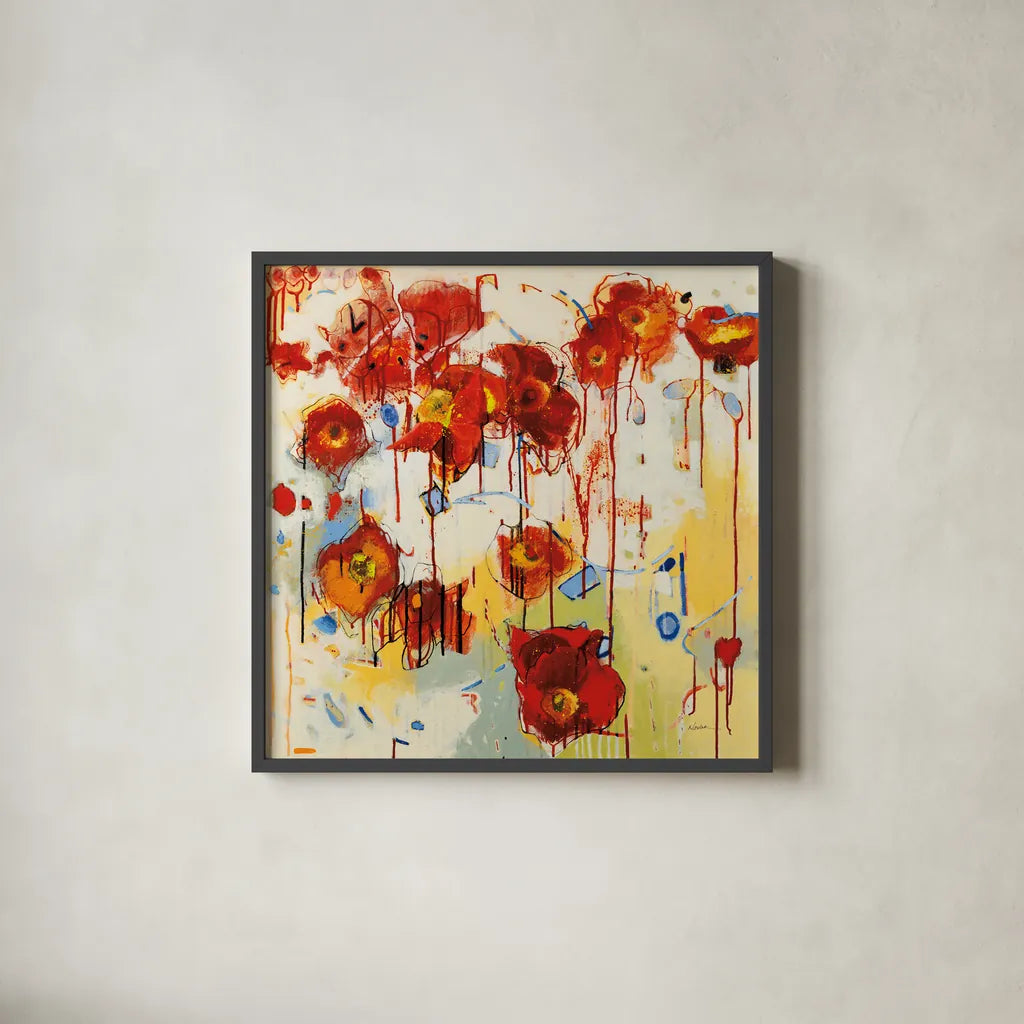 Red Poppy Chaos by Shirley Novak. Shown in a sleek black glass frame for a contemporary gallery look. Available as an archival giclee rolled canvas, fine art paper, or poster print. SKU 89489a.