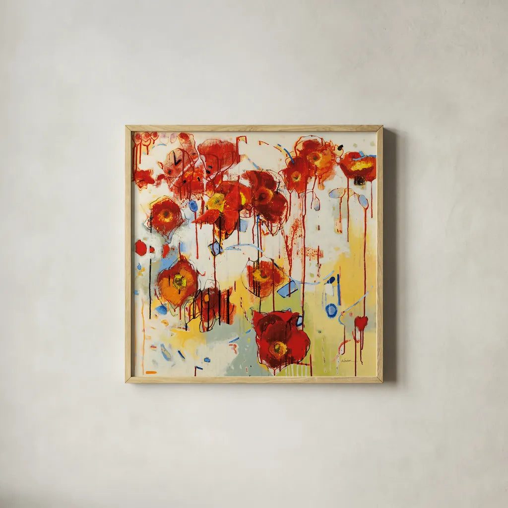 Red Poppy Chaos by Shirley Novak. Shown in a natural wood glass frame for a timeless modern aesthetic. Available as an archival giclee rolled canvas, fine art paper, or poster print. SKU 89489a.