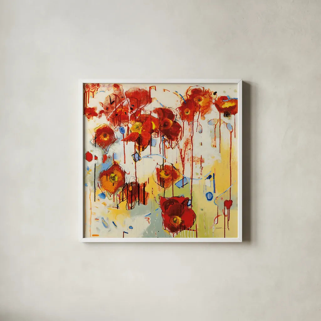 Red Poppy Chaos by Shirley Novak. Shown in a crisp white glass frame for a clean and minimalist style. Available as an archival giclee rolled canvas, fine art paper, or poster print. SKU 89489a.