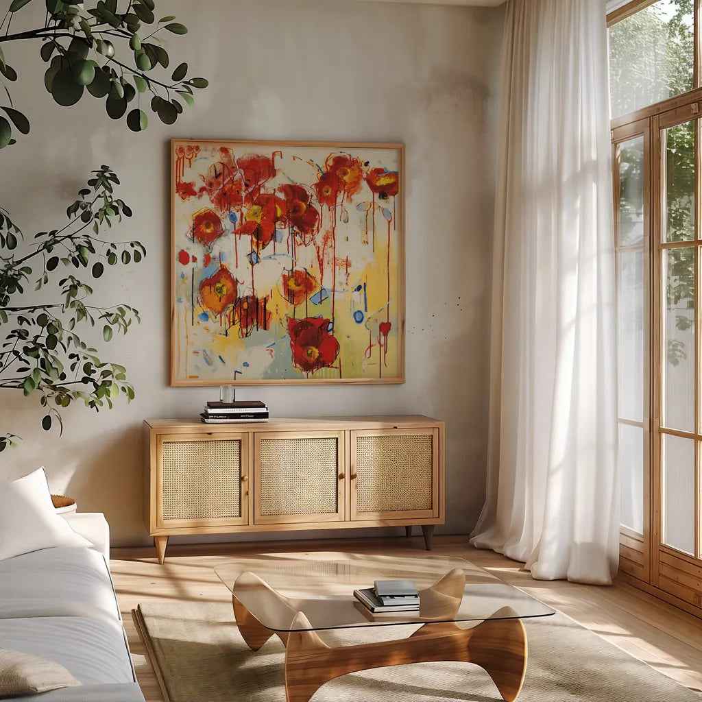 Red Poppy Chaos by Shirley Novak. Shown in a natural wood frame in a cozy modern living room. Available as an archival giclee rolled canvas, fine art paper, or poster print. SKU 89489a.