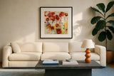 Red Poppy Chaos by Shirley Novak. Displayed in a glass frame with matte in a clean modern living room. Available as an archival giclee rolled canvas, fine art paper, or poster print. SKU 89489a.