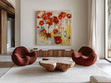 Red Poppy Chaos by Shirley Novak. Shown as extra-large giant wall art in a modern living room. Available as an archival giclee rolled canvas, fine art paper, or poster print. SKU 89489a.