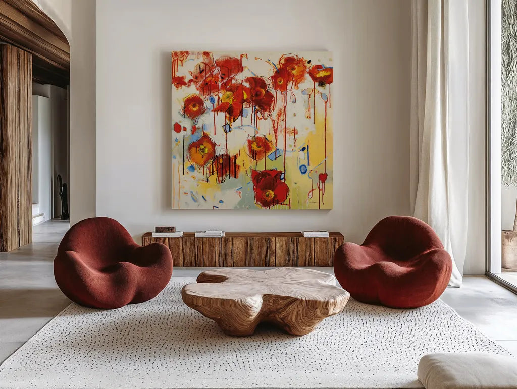 Red Poppy Chaos by Shirley Novak. Shown as extra-large giant wall art in a modern living room. Available as an archival giclee rolled canvas, fine art paper, or poster print. SKU 89489a.
