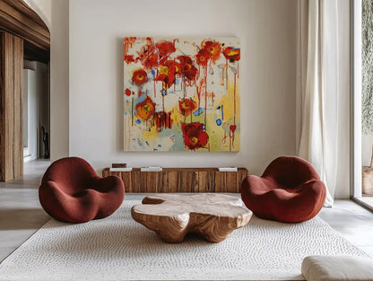 Red Poppy Chaos by Shirley Novak. Shown as extra-large giant wall art in a modern living room. Available as an archival giclee rolled canvas, fine art paper, or poster print. SKU 89489a.