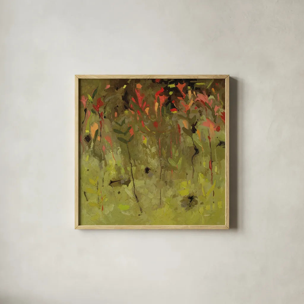 Red Salvia Imagined by Shirley Novak. Shown in a natural wood glass frame for a timeless modern aesthetic. Available as an archival giclee rolled canvas, fine art paper, or poster print. SKU 98492a.