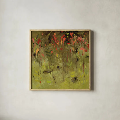 Red Salvia Imagined by Shirley Novak. Shown in a natural wood glass frame for a timeless modern aesthetic. Available as an archival giclee rolled canvas, fine art paper, or poster print. SKU 98492a.
