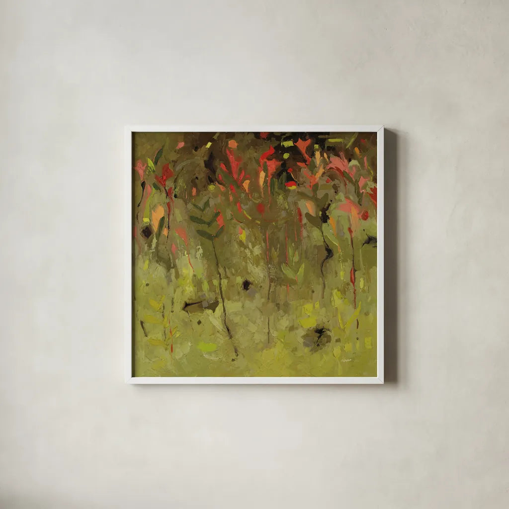 Red Salvia Imagined by Shirley Novak. Shown in a crisp white glass frame for a clean and minimalist style. Available as an archival giclee rolled canvas, fine art paper, or poster print. SKU 98492a.