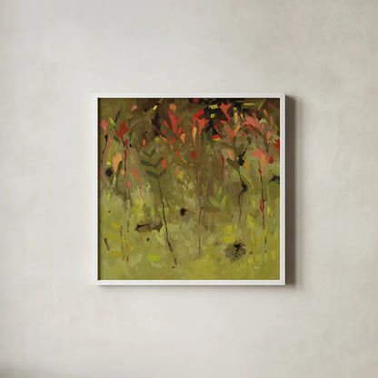 Red Salvia Imagined by Shirley Novak. Shown in a crisp white glass frame for a clean and minimalist style. Available as an archival giclee rolled canvas, fine art paper, or poster print. SKU 98492a.