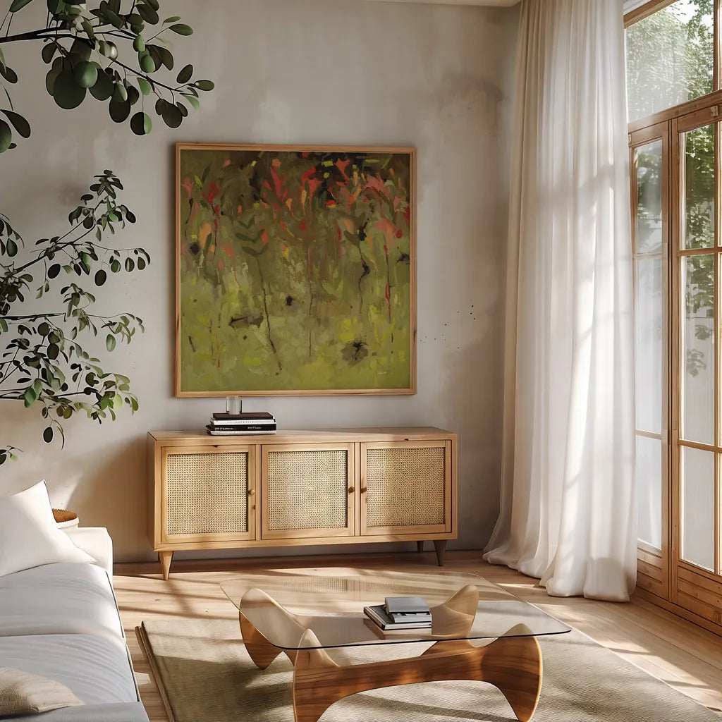 Red Salvia Imagined by Shirley Novak. Shown in a natural wood frame in a cozy modern living room. Available as an archival giclee rolled canvas, fine art paper, or poster print. SKU 98492a.