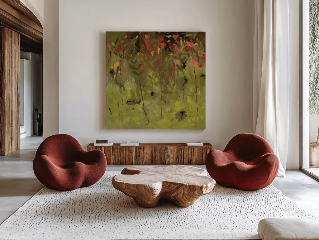 Red Salvia Imagined by Shirley Novak. Shown as extra-large giant wall art in a modern living room. Available as an archival giclee rolled canvas, fine art paper, or poster print. SKU 98492a.
