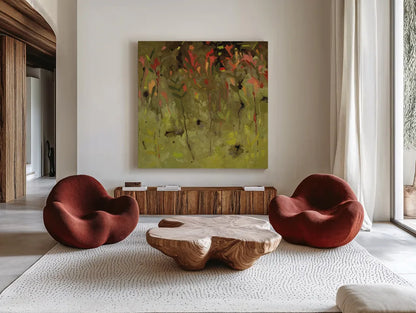 Red Salvia Imagined by Shirley Novak. Shown as extra-large giant wall art in a modern living room. Available as an archival giclee rolled canvas, fine art paper, or poster print. SKU 98492a.