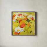 Red and Olive Celebration by Shirley Novak. Shown in a sleek black glass frame for a contemporary gallery look. Available as an archival giclee rolled canvas, fine art paper, or poster print. SKU 98490a.