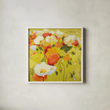 Red and Olive Celebration by Shirley Novak. Shown in a crisp white glass frame for a clean and minimalist style. Available as an archival giclee rolled canvas, fine art paper, or poster print. SKU 98490a.