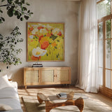 Red and Olive Celebration by Shirley Novak. Shown in a natural wood frame in a cozy modern living room. Available as an archival giclee rolled canvas, fine art paper, or poster print. SKU 98490a.