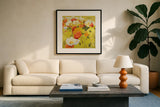 Red and Olive Celebration by Shirley Novak. Displayed in a glass frame with matte in a clean modern living room. Available as an archival giclee rolled canvas, fine art paper, or poster print. SKU 98490a.
