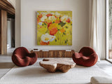 Red and Olive Celebration by Shirley Novak. Shown as extra-large giant wall art in a modern living room. Available as an archival giclee rolled canvas, fine art paper, or poster print. SKU 98490a.