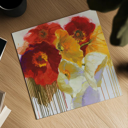 Red and Yellow Sensations by Shirley Novak. Shown as a detailed flat fine art print, highlighting archival giclee quality. Available as an archival giclee rolled canvas, fine art paper, or poster print. SKU 34294a.