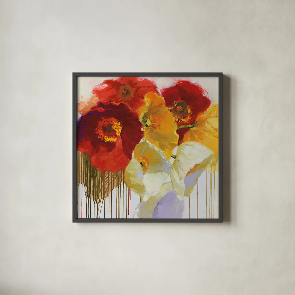 Red and Yellow Sensations by Shirley Novak. Shown in a sleek black glass frame for a contemporary gallery look. Available as an archival giclee rolled canvas, fine art paper, or poster print. SKU 34294a.