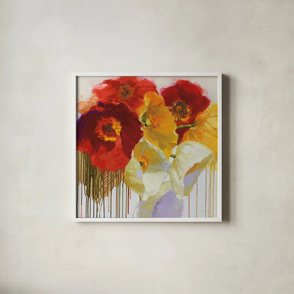 Red and Yellow Sensations by Shirley Novak. Shown in a crisp white glass frame for a clean and minimalist style. Available as an archival giclee rolled canvas, fine art paper, or poster print. SKU 34294a.