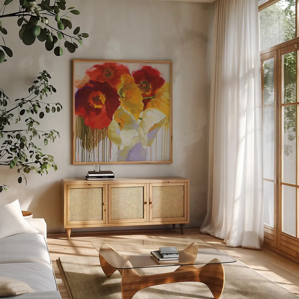 Red and Yellow Sensations by Shirley Novak. Shown in a natural wood frame in a cozy modern living room. Available as an archival giclee rolled canvas, fine art paper, or poster print. SKU 34294a.