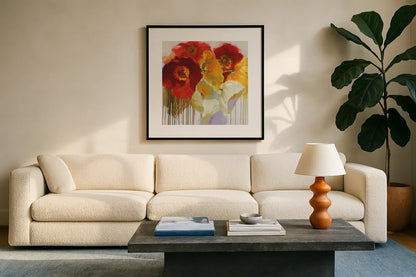 Red and Yellow Sensations by Shirley Novak. Displayed in a glass frame with matte in a clean modern living room. Available as an archival giclee rolled canvas, fine art paper, or poster print. SKU 34294a.