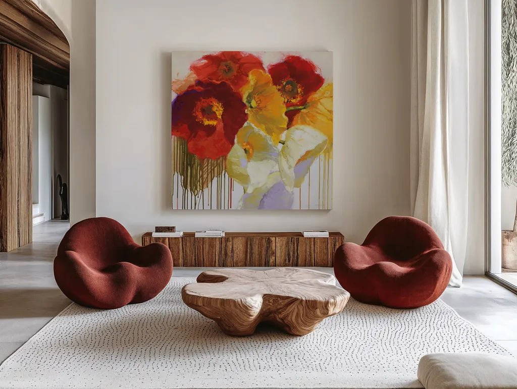 Red and Yellow Sensations by Shirley Novak. Shown as extra-large giant wall art in a modern living room. Available as an archival giclee rolled canvas, fine art paper, or poster print. SKU 34294a.