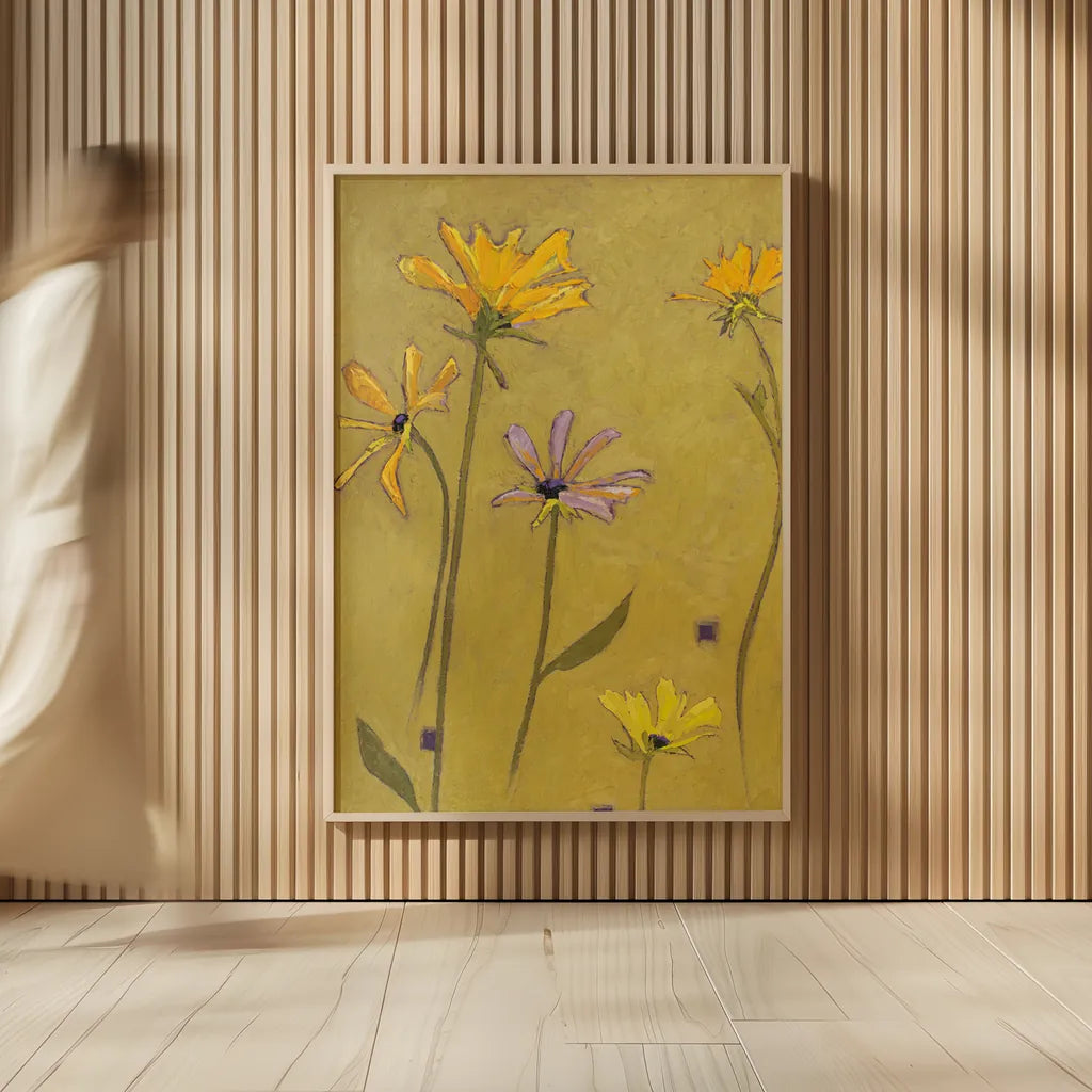 Rudbeckia Float by Shirley Novak. shown as over sized large wall art. Available as an archival giclee rolled canvas, fine art paper, or poster print. SKU 98500h.